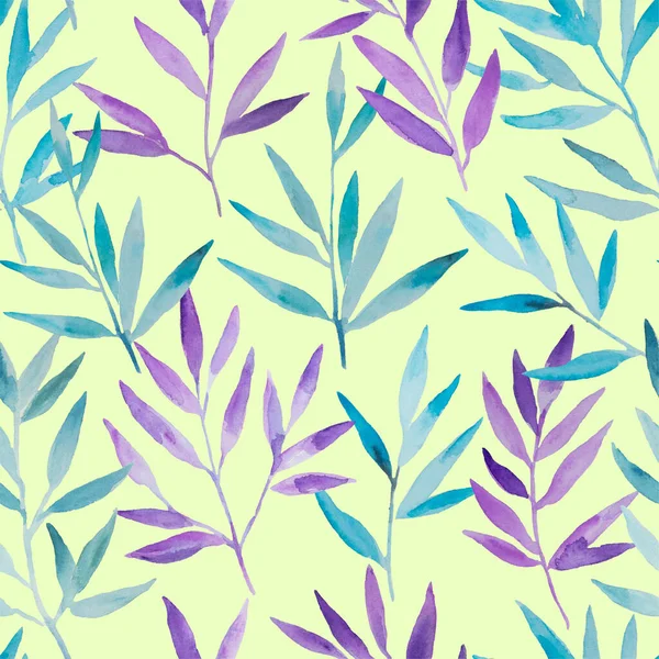 Nahtloses Muster mit aquarellblauen und lila Zweigen. Handgemalter Designdruck für Dekor und Einladungen. — Stockfoto