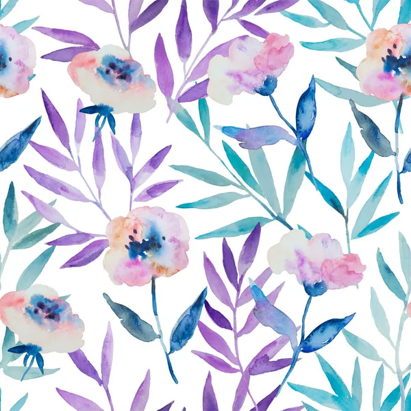 Aquarell nahtloses Muster mit abstrakten zarten Anemonenblüten. — Stockfoto