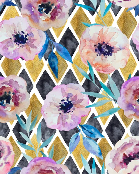 Abstract watercolor seamless pattern with golden and black diamonds and anemone flowers. Hand drawn print for design. — Stock Photo, Image