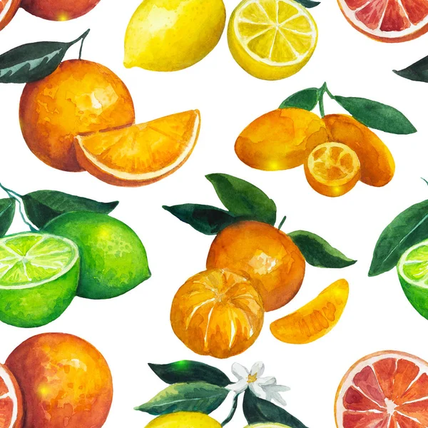 Naadloos patroon met citrusvruchten op vakantie fee achtergrond. Aquarelillustratie voor design en textiel. — Stockfoto