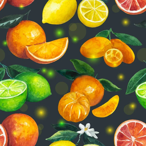 Naadloos patroon met citrusvruchten op vakantie fee achtergrond. Aquarelillustratie voor design en textiel. — Stockfoto