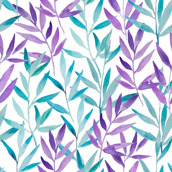 Nahtloses Muster mit aquarellblauen und lila Zweigen. Handgemalter Designdruck für Dekor und Einladungen. — Stockfoto