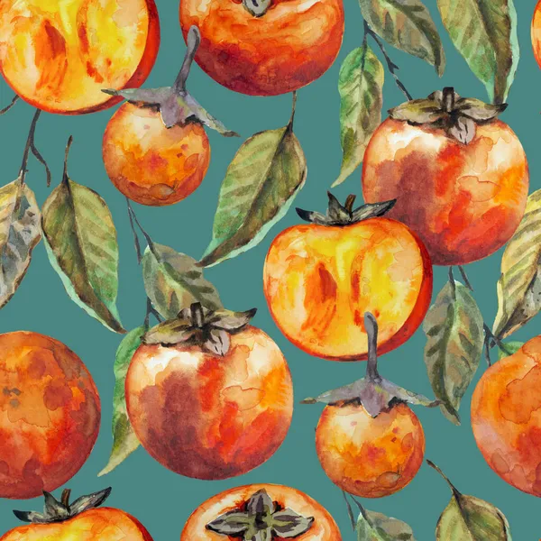 Seamless pattern with hand drawn persimmon fruits, isolated on white background. Watercolor painting. 