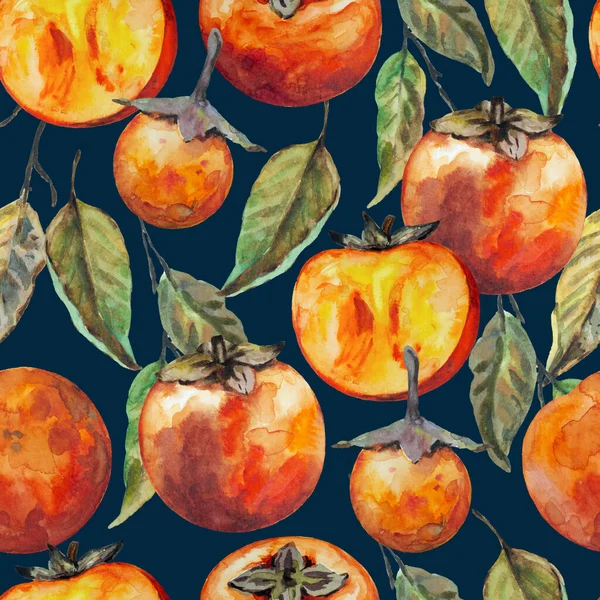 Seamless pattern with hand drawn persimmon fruits, isolated on white background. Watercolor painting. 