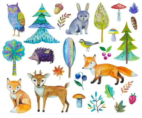 Grande conjunto de animais de floresta bonitos, árvores, pássaros e plantas. Coleção de arte clipe aquarela para bebê e design de crianças. — Fotografia de Stock
