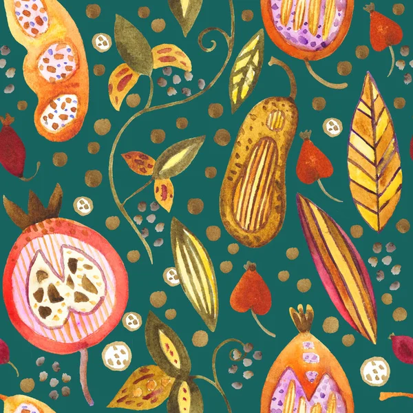 Watercolor seamless pattern with pods, seeds, fruits and leaves. Autumn cute doodle background for design and textile. — Stock Photo, Image