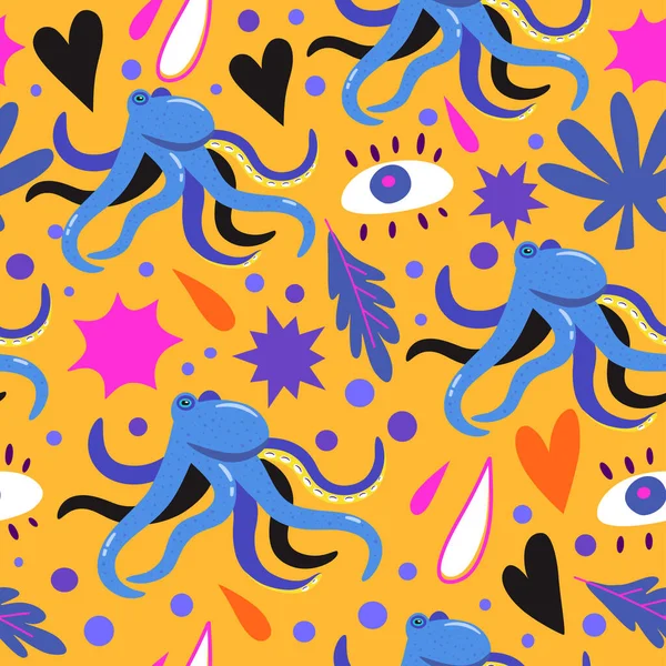 Psychedelisch naadloos patroon met doodle kleurrijke design elementen. Abstracte eenvoudige vormen, harten en octopussen. — Stockvector