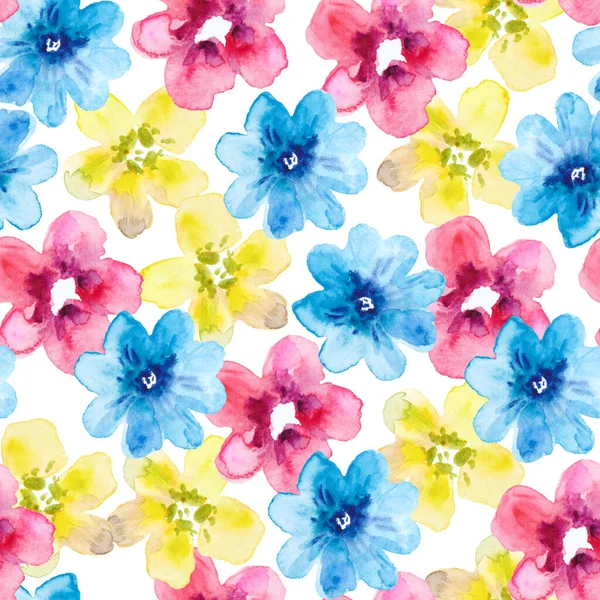 Aquarell nahtloses Muster mit farbenfrohen abstrakten einfachen Blumen. Niedlicher festlicher Blumenprint für Design und Stoff. — Stockfoto