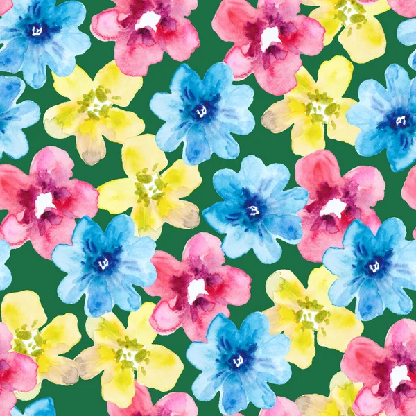 カラフルな抽象的なシンプルな花と水彩シームレスパターン。デザインと生地のためのかわいいお祝いの花のプリント. — ストック写真