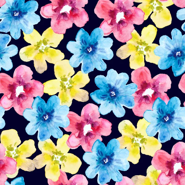 Aquarell nahtloses Muster mit farbenfrohen abstrakten einfachen Blumen. Niedlicher festlicher Blumenprint für Design und Stoff. — Stockfoto
