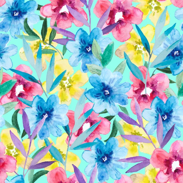 Renkli, soyut, basit çiçeklerle sulu boya deseni. Tasarım ve kumaş için sevimli çiçek deseni. — Stok fotoğraf