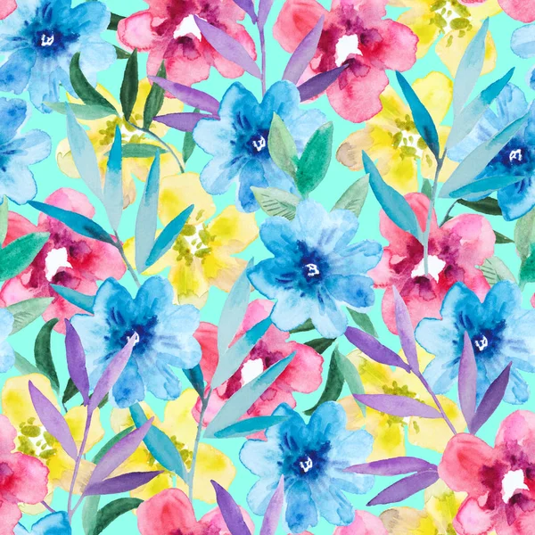 Acquerello modello senza soluzione di continuità con fiori semplici astratti colorati. Graziosa stampa floreale festiva per design e tessuto. — Foto Stock