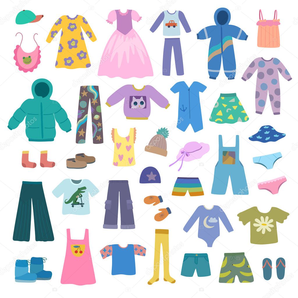 Big set of cute childrens wear isolated on white background.Trendy vector hand drawn illustration in pastel colors.