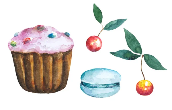 Set van cake muffin, macaroon en kers geïsoleerd op witte achtergrond. Met de hand getekend aquarel illustratie. — Stockfoto