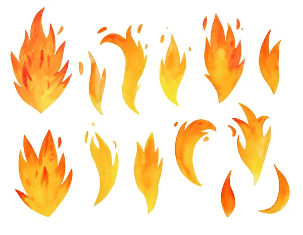 Φωτιά υδατογραφίας με γλώσσες φλόγας απομονωμένες σε λευκό φόντο. Χειροποίητη ακουαρέλα, πυρκαϊά στοιχεία με σπινθήρες. — Φωτογραφία Αρχείου