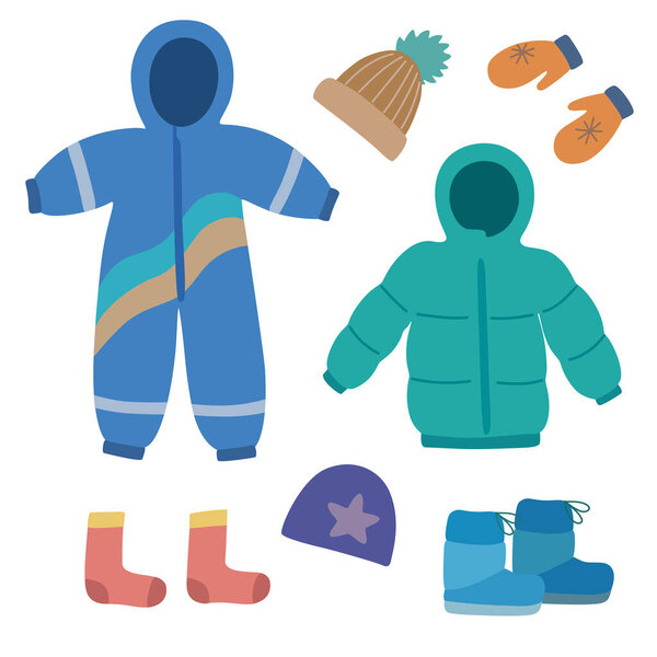 Set of cute winter children clothes in doodle cartoon style. Vector clip art for design.