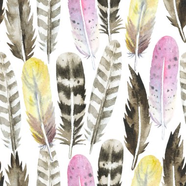 Suluboya renkli tüylerle bohem desenli. Tasarım ve kumaş için orijinal arkaplan.