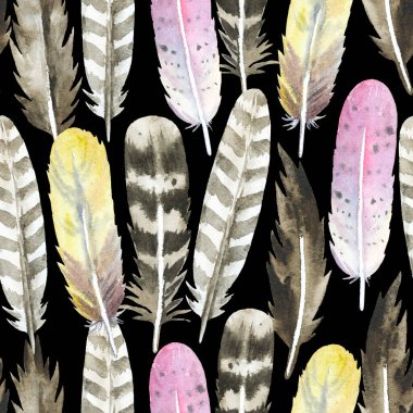 Suluboya renkli tüylerle bohem desenli. Tasarım ve kumaş için orijinal arkaplan.