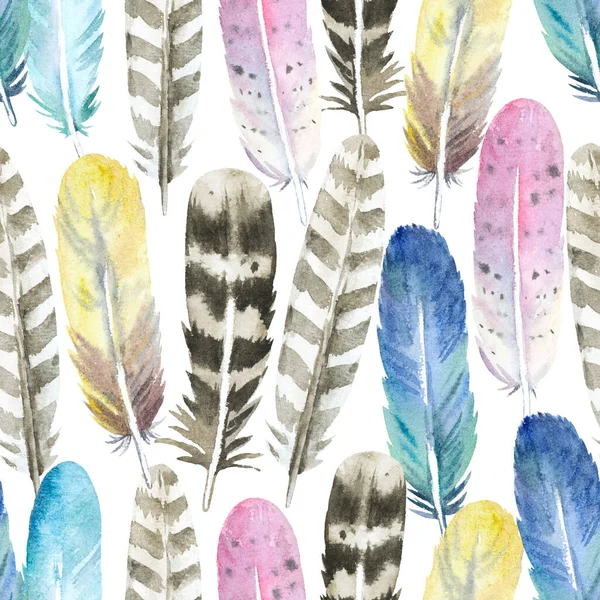 Boho seamless pattern with watercolor painted colorful feathers. Original background for design and fabric.