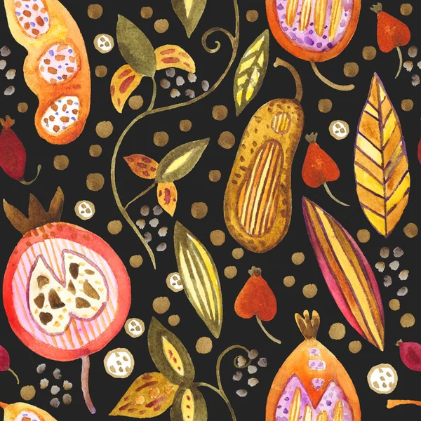 Watercolor seamless pattern with pods, seeds, fruits and leaves. Autumn cute doodle background for design and textile. — Stock Photo, Image