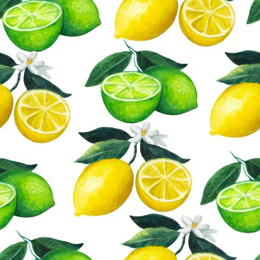 Limon meyveli kusursuz desen, yapraklı ve çiçekli limon. Tasarım ve tekstil için suluboya çizimi. 