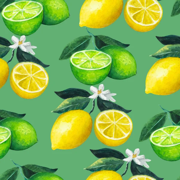 Seamless pattern with citrus fruits, lemon and lime with leaves and flowers. Watercolor illustration for design and textile.
