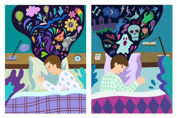 Concept of healthy sleep and sleep with nightmare. Sleeping man in bed with happy dream and man with sleep disorders. Colorful vector illustration. — Stock vektor