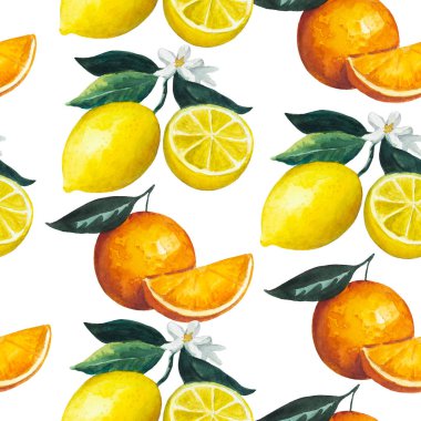 Limon meyveleri, limon ve portakal yaprakları ve çiçeklerle kusursuz desen. Tasarım ve tekstil için suluboya çizimi. 