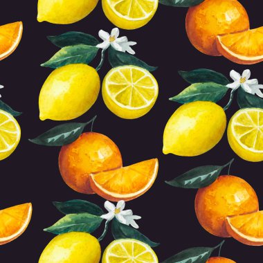 Limon meyveleri, limon ve portakal yaprakları ve çiçeklerle kusursuz desen. Tasarım ve tekstil için suluboya çizimi. 