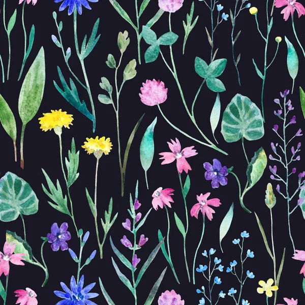 Aquarelle motif sans couture avec des fleurs de prairie sauvage. Impression originale dessinée à la main pour la décoration et le design textile. — Photo