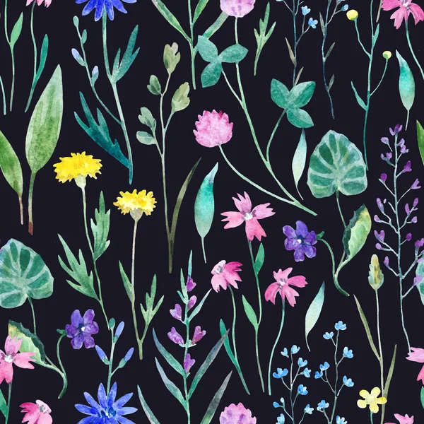 Watercolor seamless pattern with wild meadow flowers. Original hand drawn nature print for decor and textile design.