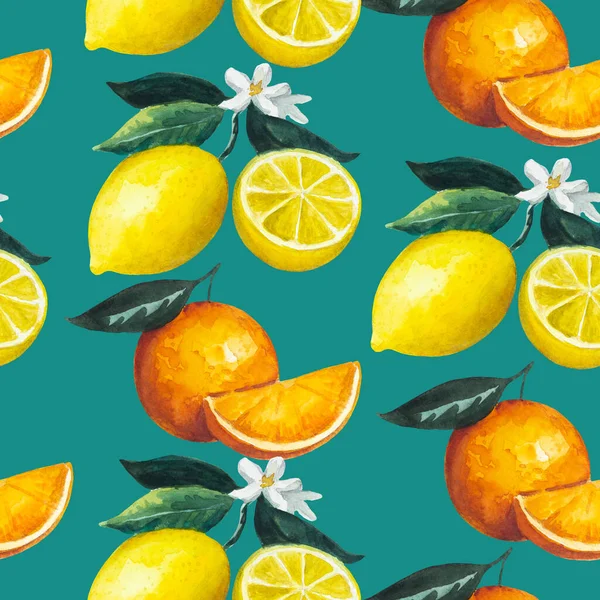 Naadloos patroon met citrusvruchten, citroen en sinaasappel met bladeren en bloemen. Aquarelillustratie voor design en textiel. — Stockfoto