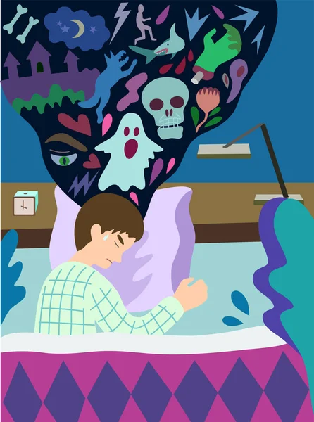 Concept of sleep with nightmare. Sleeping man in bed with sleep disorders and scary dark dreams. Colorful vector illustration. — Stock vektor