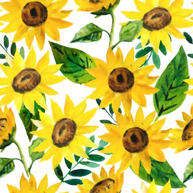 Açık sarı ayçiçekleri ve yeşil yapraklarla sulu boya deseni