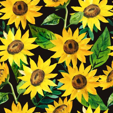 Açık sarı ayçiçekleri ve yeşil yapraklarla sulu boya deseni