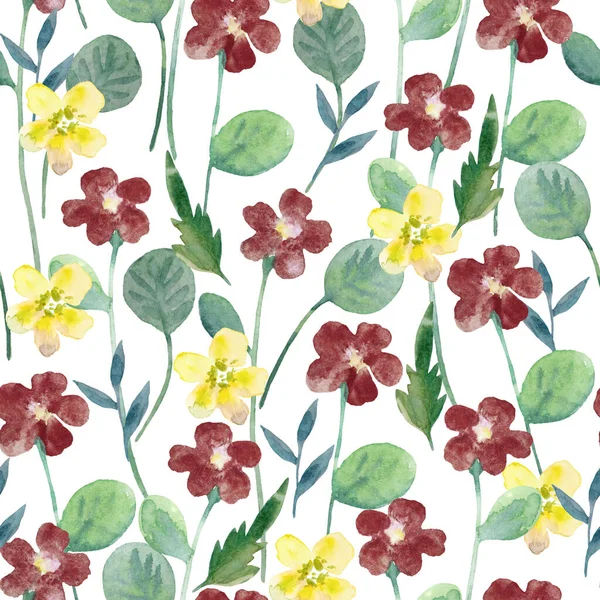 Υδατογραφία αδιάλειπτη μοτίβο με σκούρο μωβ αφηρημένα απλά λουλούδια. Χαριτωμένο διακοσμητικό floral σχέδιο για σχεδιασμό και ύφασμα. — Φωτογραφία Αρχείου