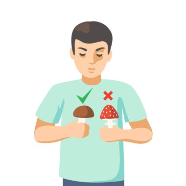 Genç bir adam bir elinde zehirli bir mantar, diğer elinde de yenilebilir bir mantar tutar.. 