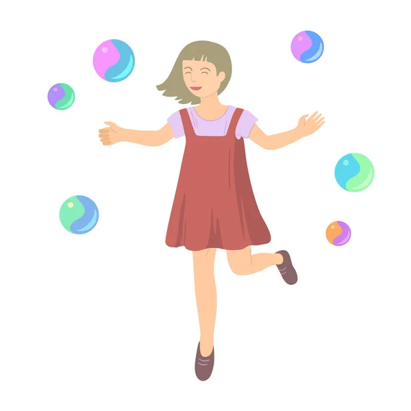 Щаслива дівчина стрибає і грає з мильних бульбашок. Кліп-арт ізольовано на білому тлі . — стоковий вектор
