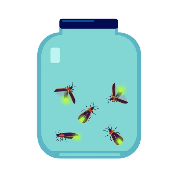 Vector illustration of firefly beetle in glass bottle isolated on white background. — Vettoriale Stock