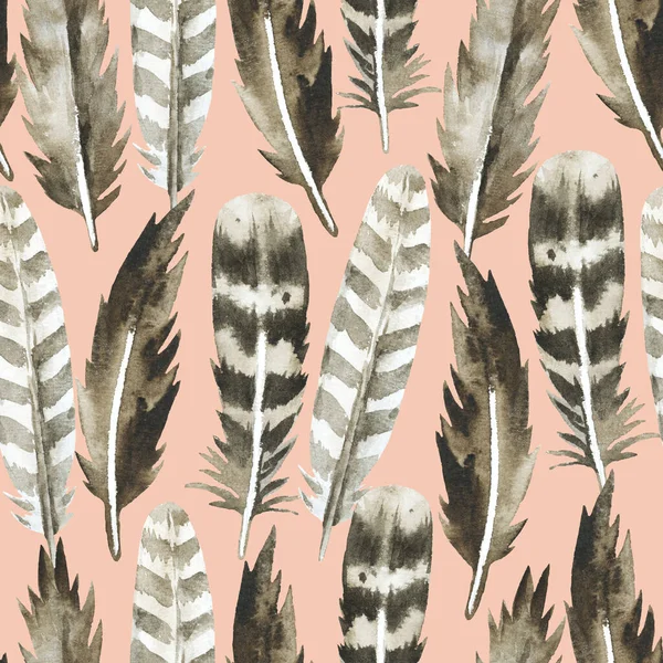 Boho sömlöst mönster med akvarell målade bruna fjädrar. Original bakgrund för design och tyg. — Stockfoto