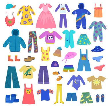 Büyük şirin çocuklar beyaz arka planda izole bir şekilde giyinirler. Moda vektör el çizimi pastel renklerle çizilir..