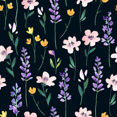 Vahşi çayır çiçekleri ve lavanta dallarıyla sulu boya deseni. Dekor ve tekstil tasarımı için orijinal el yazısı.