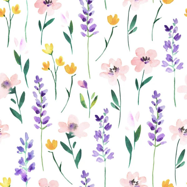 Watercolor seamless pattern with wild meadow flowers and lavender branches. Original hand drawn nature print for decor and textile design. — Stockfoto