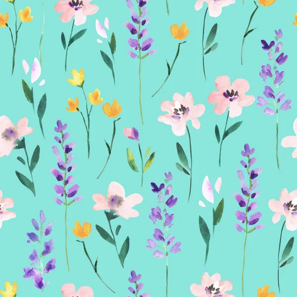 Watercolor seamless pattern with wild meadow flowers and lavender branches. Original hand drawn nature print for decor and textile design.