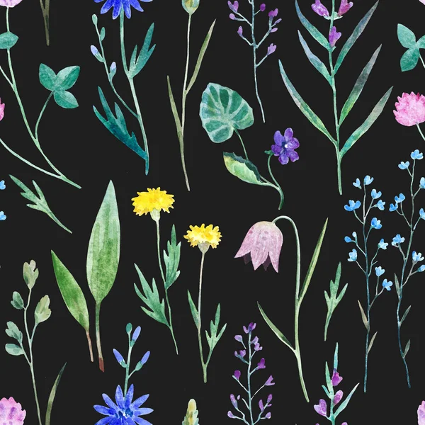 Watercolor seamless pattern with wild meadow flowers. Original hand drawn nature print for decor and textile design.