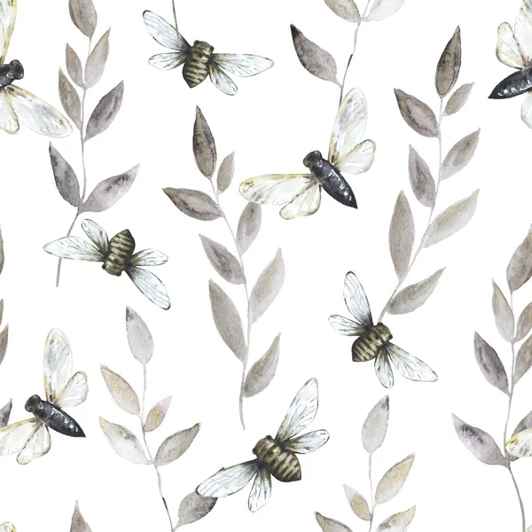 Watercolor seamless pattern with golden shimmering abstract branches and cicada insects for fabric and design. — 图库照片