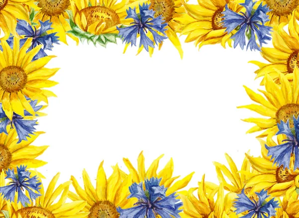 Floraler Rahmen mit Sonnenblumen. Aquarell handgezeichnete Illustration. — Stockfoto