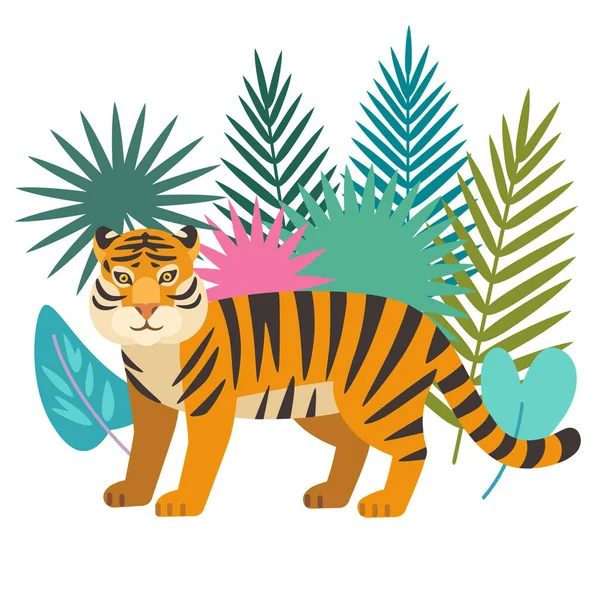Симпатичный дикий тигр в джунглях изолирован на белом фоне. Векторная иллюстрация. — стоковый вектор