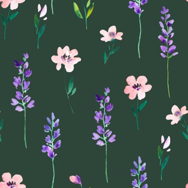 Vahşi çayır çiçekleri ve lavanta dallarıyla sulu boya deseni. Dekor ve tekstil tasarımı için orijinal el yazısı.