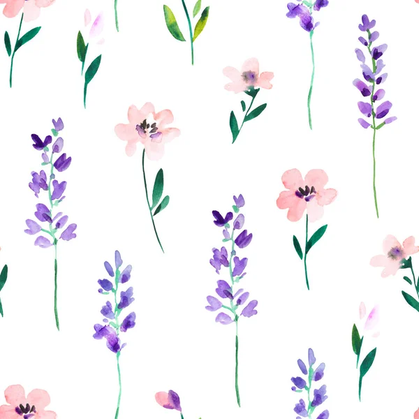 Watercolor seamless pattern with wild meadow flowers and lavender branches. Original hand drawn nature print for decor and textile design.